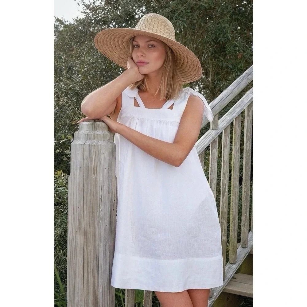 Lake Coco linen mini dress size S white tie shoulder coverup coastal